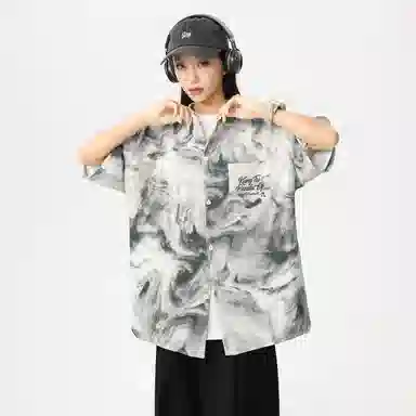 功夫熊猫 港风高街潮牌手绘字母印花水墨扎染撞色系薄纱外套显瘦百搭排扣设计时尚宽松休闲凉感速干短袖衬衫 男女同款