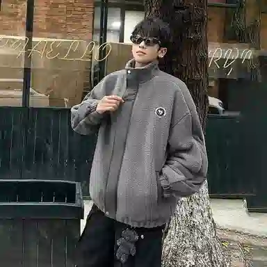 功夫熊猫 美式复古嘻哈街头字母动漫胶标基础款纯色拼接加厚保暖御寒宽松休闲柔软亲肤舒适时尚百搭痞帅拉链翻领绒感外套 男女同款