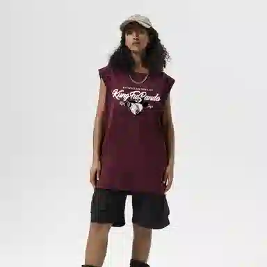 功夫熊猫 无性别主义嘻哈街头卡通字母印花宽松百搭舒适透气坎肩学院风纯棉无袖背心 男女同款