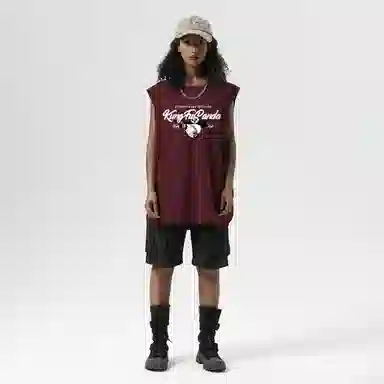 功夫熊猫 无性别主义嘻哈街头卡通字母印花宽松百搭舒适透气坎肩学院风纯棉无袖背心 男女同款