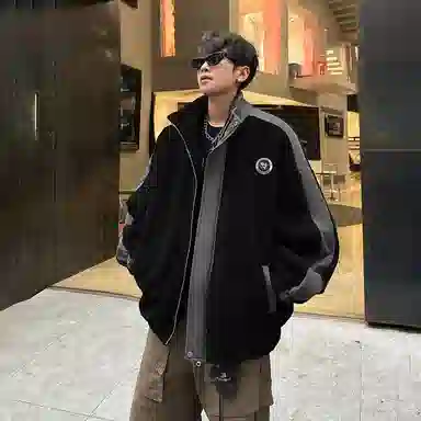 功夫熊猫 美式复古嘻哈街头字母动漫胶标基础款纯色拼接加厚保暖御寒宽松休闲柔软亲肤舒适时尚百搭痞帅拉链翻领绒感外套 男女同款