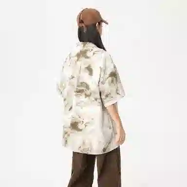 功夫熊猫 港风高街潮牌手绘字母印花水墨扎染撞色系薄纱外套显瘦百搭排扣设计时尚宽松休闲凉感速干短袖衬衫 男女同款