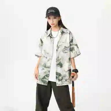 功夫熊猫 港风高街潮牌手绘字母印花水墨扎染撞色系薄纱外套显瘦百搭排扣设计时尚宽松休闲凉感速干短袖衬衫 男女同款