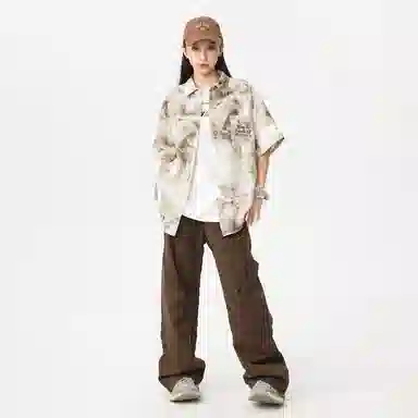 功夫熊猫 港风高街潮牌手绘字母印花水墨扎染撞色系薄纱外套显瘦百搭排扣设计时尚宽松休闲凉感速干短袖衬衫 男女同款