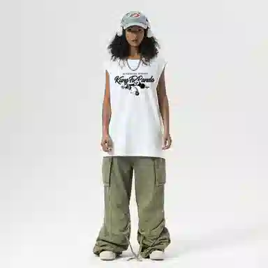 功夫熊猫 无性别主义嘻哈街头卡通字母印花宽松百搭舒适透气坎肩学院风纯棉无袖背心 男女同款