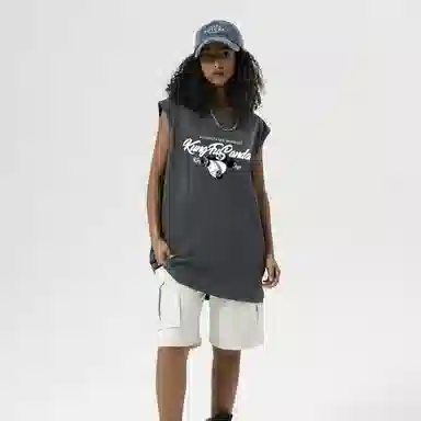 功夫熊猫 无性别主义嘻哈街头卡通字母印花宽松百搭舒适透气坎肩学院风纯棉无袖背心 男女同款