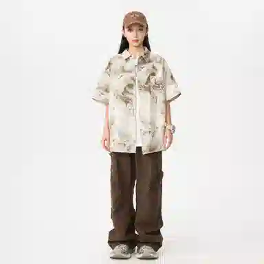 功夫熊猫 港风高街潮牌手绘字母印花水墨扎染撞色系薄纱外套显瘦百搭排扣设计时尚宽松休闲凉感速干短袖衬衫 男女同款