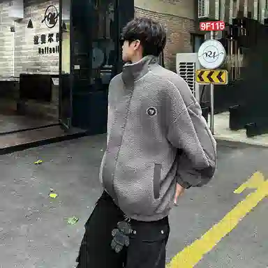 功夫熊猫 美式复古嘻哈街头字母动漫胶标基础款纯色拼接加厚保暖御寒宽松休闲柔软亲肤舒适时尚百搭痞帅拉链翻领绒感外套 男女同款