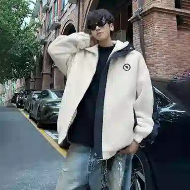 功夫熊猫 美式复古嘻哈街头字母动漫胶标基础款纯色拼接加厚保暖御寒宽松休闲柔软亲肤舒适时尚百搭痞帅拉链翻领绒感外套 男女同款