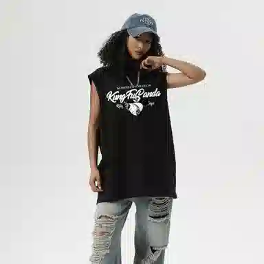 功夫熊猫 无性别主义嘻哈街头卡通字母印花宽松百搭舒适透气坎肩学院风纯棉无袖背心 男女同款