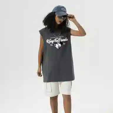 功夫熊猫 无性别主义嘻哈街头卡通字母印花宽松百搭舒适透气坎肩学院风纯棉无袖背心 男女同款