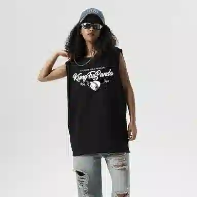 功夫熊猫 无性别主义嘻哈街头卡通字母印花宽松百搭舒适透气坎肩学院风纯棉无袖背心 男女同款