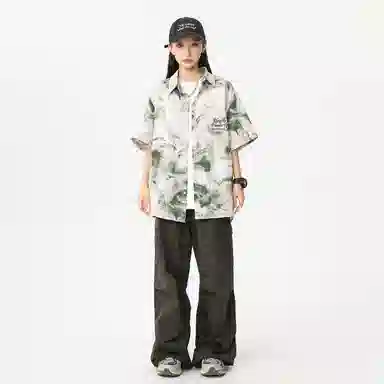 功夫熊猫 港风高街潮牌手绘字母印花水墨扎染撞色系薄纱外套显瘦百搭排扣设计时尚宽松休闲凉感速干短袖衬衫 男女同款