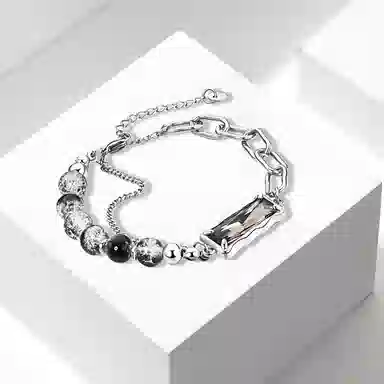 牧言 中性风潮酷简约小众设计高级感 冰裂亮面圆珠双层不规则拼接镂空链条百搭手饰 合金 手链 男女同款情侣款