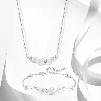 牧言 白山茶与蝴蝶套装 甜美气质森系小众浪漫高级感 立体极光花朵蝴蝶闪耀水滴微笑弧度圆珠#好运 合金 项链 女款