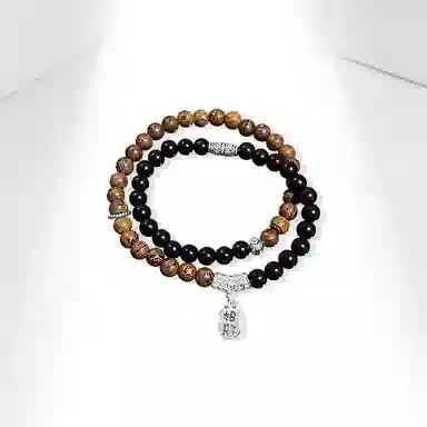 牧言 招财纳福 国潮复古民族风小众设计高级感 光面花纹圆珠镂空花丝祥云弯管流苏字牌双层叠戴手饰 鸡翅木 手串 男女同款情侣款