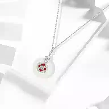 牧言 国潮复古新中式简约小众设计高级感四叶草平安扣 光面立体镂空圆环祥云双色闺蜜锁骨链 琉璃 玉石项链 女款