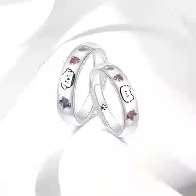 牧言 小狗小猫 萌趣森系可爱光面立体涂鸦 十二生肖狗狗猫咪紫色星星粉色爱心对戒可调节指环 合金 戒指 男女同款情侣款