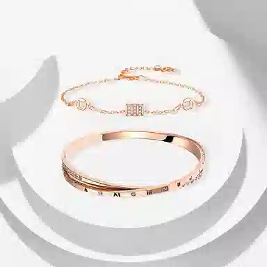 牧言 气质简约小众设计高级感 光面立体闪耀小蛮腰镂空铜钱手链交织素圈双层手饰 钛钢 罗马数字叠戴手镯 女款