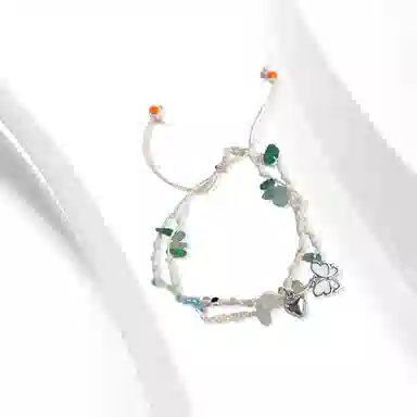 牧言 森系气质简约小众设计高级感 光面立体蝶梦心形多色碎石双层编织绳手饰 合金 蝴蝶爱心手链 女款