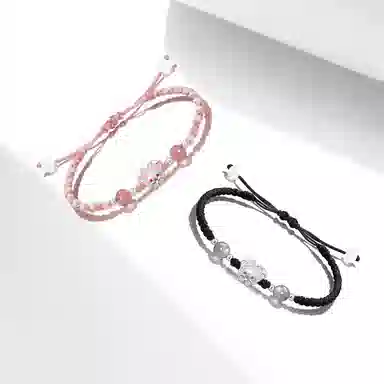 【S999纯银】 牧言 桃花兔熊 萌趣可爱浪漫甜美新中式小众高级感 立体粉蝴蝶结兔子圆珠编织绳手饰 约会好运 足银 手绳 男女同款情侣款