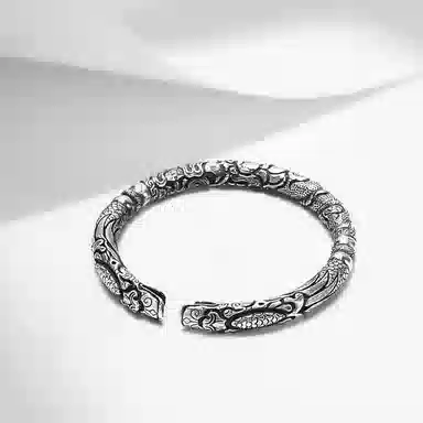 牧言 国潮复古做旧中式民族风简约小众设计高级感 立体十二生肖龙双响龙纹开口手饰 合金 双龙头手镯 男款