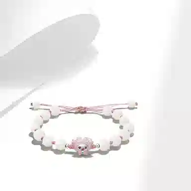 【S999纯银】 牧言 桃花兔熊 萌趣可爱卡通甜美小众浪漫高级感 精致粉色蝴蝶结兔子圆珠编织绳手饰 好运约会 白玉菩提 手链 女款
