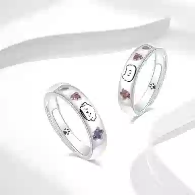 牧言 小狗小猫 萌趣森系可爱光面立体涂鸦 十二生肖狗狗猫咪紫色星星粉色爱心对戒可调节指环 合金 戒指 男女同款情侣款