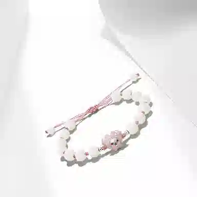 【S999纯银】 牧言 桃花兔熊 萌趣可爱卡通甜美小众浪漫高级感 精致粉色蝴蝶结兔子圆珠编织绳手饰 好运约会 白玉菩提 手链 女款