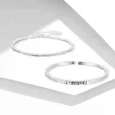 牧言 复古新中式简约小众设计高级感 光面立体纤细碎石岁岁平安镭射爆闪冰纹双层叠戴手饰  合金 碎银子碎冰冰手镯套装 女款