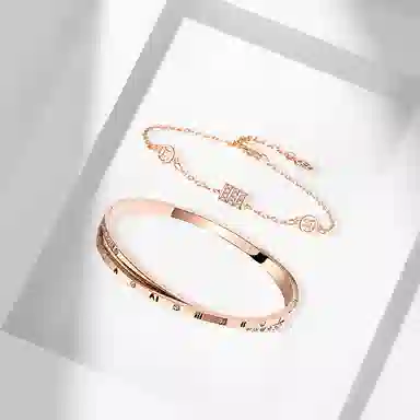 牧言 气质简约小众设计高级感 光面立体闪耀小蛮腰镂空铜钱手链交织素圈双层手饰 钛钢 罗马数字叠戴手镯 女款