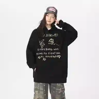 冰飞 美式复古无性别主义高街宽松重磅设计感卡通动漫字母印花图案落肩日常户外通勤休闲运动百搭个性穿搭长袖卫衣 男女同款