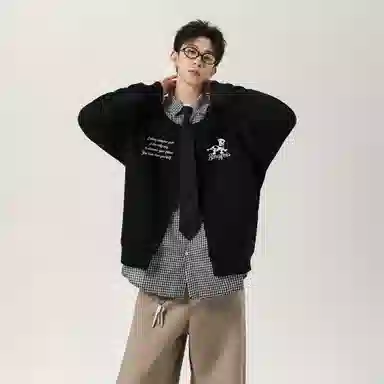 冰飞 韩系复古时尚设计感卡通动漫字母印花图案舒适柔软假两件格子衬衫长袖日常户外通勤卫衣 男女同款