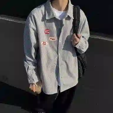 冰飞 美式复古高街拼接撞色小竖条手写字母印花宽松休闲户外运动潮牌百搭通勤叠穿简约免烫翻领纽扣长袖衬衫 男女同款