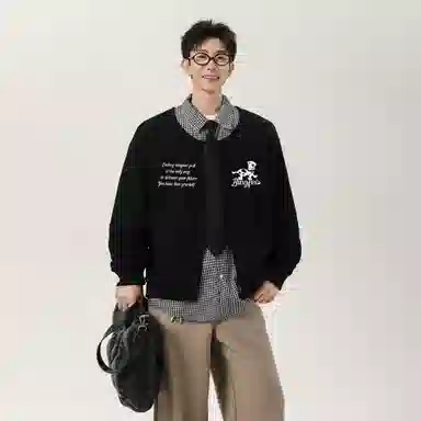 冰飞 韩系复古时尚设计感卡通动漫字母印花图案舒适柔软假两件格子衬衫长袖日常户外通勤卫衣 男女同款