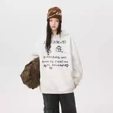 冰飞 美式复古无性别主义高街宽松重磅设计感卡通动漫字母印花图案落肩日常户外通勤休闲运动百搭个性穿搭长袖卫衣 男女同款