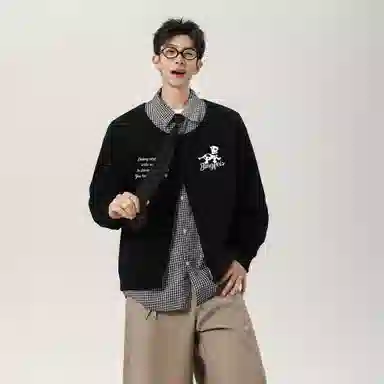 冰飞 韩系复古时尚设计感卡通动漫字母印花图案舒适柔软假两件格子衬衫长袖日常户外通勤卫衣 男女同款