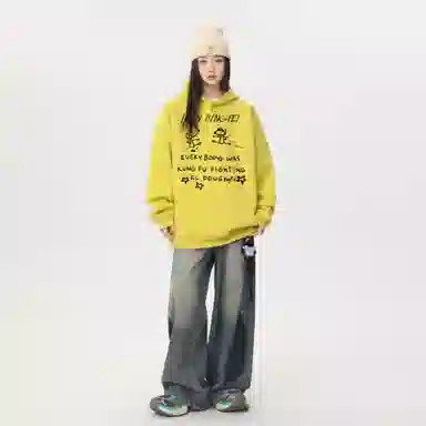 冰飞 美式复古无性别主义高街宽松重磅设计感卡通动漫字母印花图案落肩日常户外通勤休闲运动百搭个性穿搭长袖卫衣 男女同款