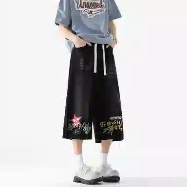 冰飞 美式复古高街字母星星手绘宽松休闲直筒百搭七分牛仔短裤 男女同款