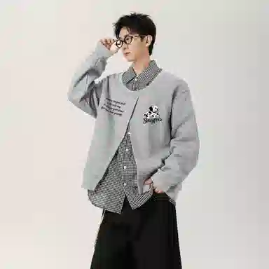 冰飞 韩系复古时尚设计感卡通动漫字母印花图案舒适柔软假两件格子衬衫长袖日常户外通勤卫衣 男女同款