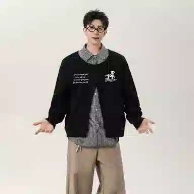 冰飞 韩系复古时尚设计感卡通动漫字母印花图案舒适柔软假两件格子衬衫长袖日常户外通勤卫衣 男女同款