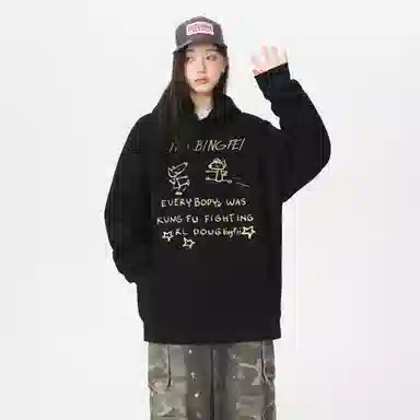 冰飞 美式复古无性别主义高街宽松重磅设计感卡通动漫字母印花图案落肩日常户外通勤休闲运动百搭个性穿搭长袖卫衣 男女同款
