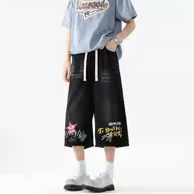 冰飞 美式复古高街字母星星手绘宽松休闲直筒百搭七分牛仔短裤 男女同款