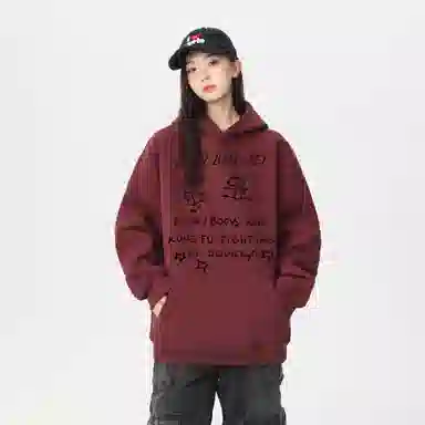 冰飞 美式复古无性别主义高街宽松重磅设计感卡通动漫字母印花图案落肩日常户外通勤休闲运动百搭个性穿搭长袖卫衣 男女同款