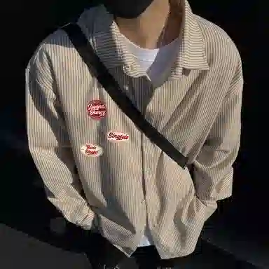 冰飞 美式复古高街拼接撞色小竖条手写字母印花宽松休闲户外运动潮牌百搭通勤叠穿简约免烫翻领纽扣长袖衬衫 男女同款