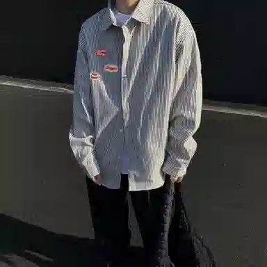 冰飞 美式复古高街拼接撞色小竖条手写字母印花宽松休闲户外运动潮牌百搭通勤叠穿简约免烫翻领纽扣长袖衬衫 男女同款