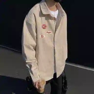 冰飞 美式复古高街拼接撞色小竖条手写字母印花宽松休闲户外运动潮牌百搭通勤叠穿简约免烫翻领纽扣长袖衬衫 男女同款