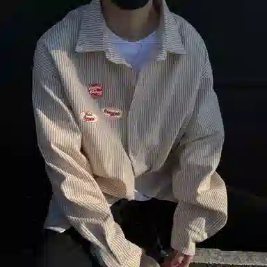 冰飞 美式复古高街拼接撞色小竖条手写字母印花宽松休闲户外运动潮牌百搭通勤叠穿简约免烫翻领纽扣长袖衬衫 男女同款