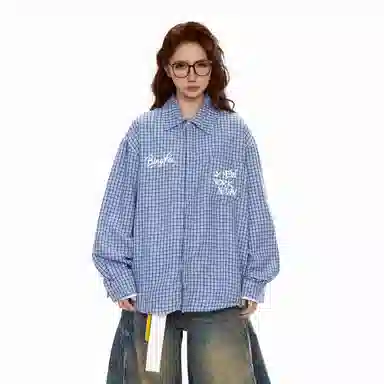 冰飞 美式复古字母印花学院风简约格纹翻领格子衫日常休闲户外通勤百搭设计感长袖衬衫 男女同款