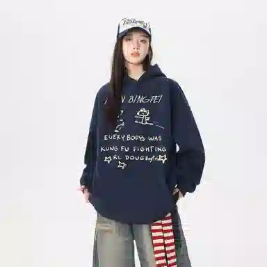 冰飞 美式复古无性别主义高街宽松重磅设计感卡通动漫字母印花图案落肩日常户外通勤休闲运动百搭个性穿搭长袖卫衣 男女同款
